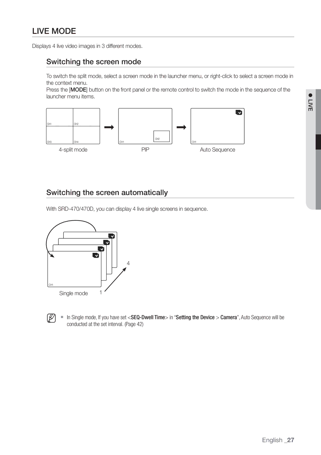 Samsung SRD470D500 user manual Live Mode, Switching the screen mode, Switching the screen automatically, Pip 