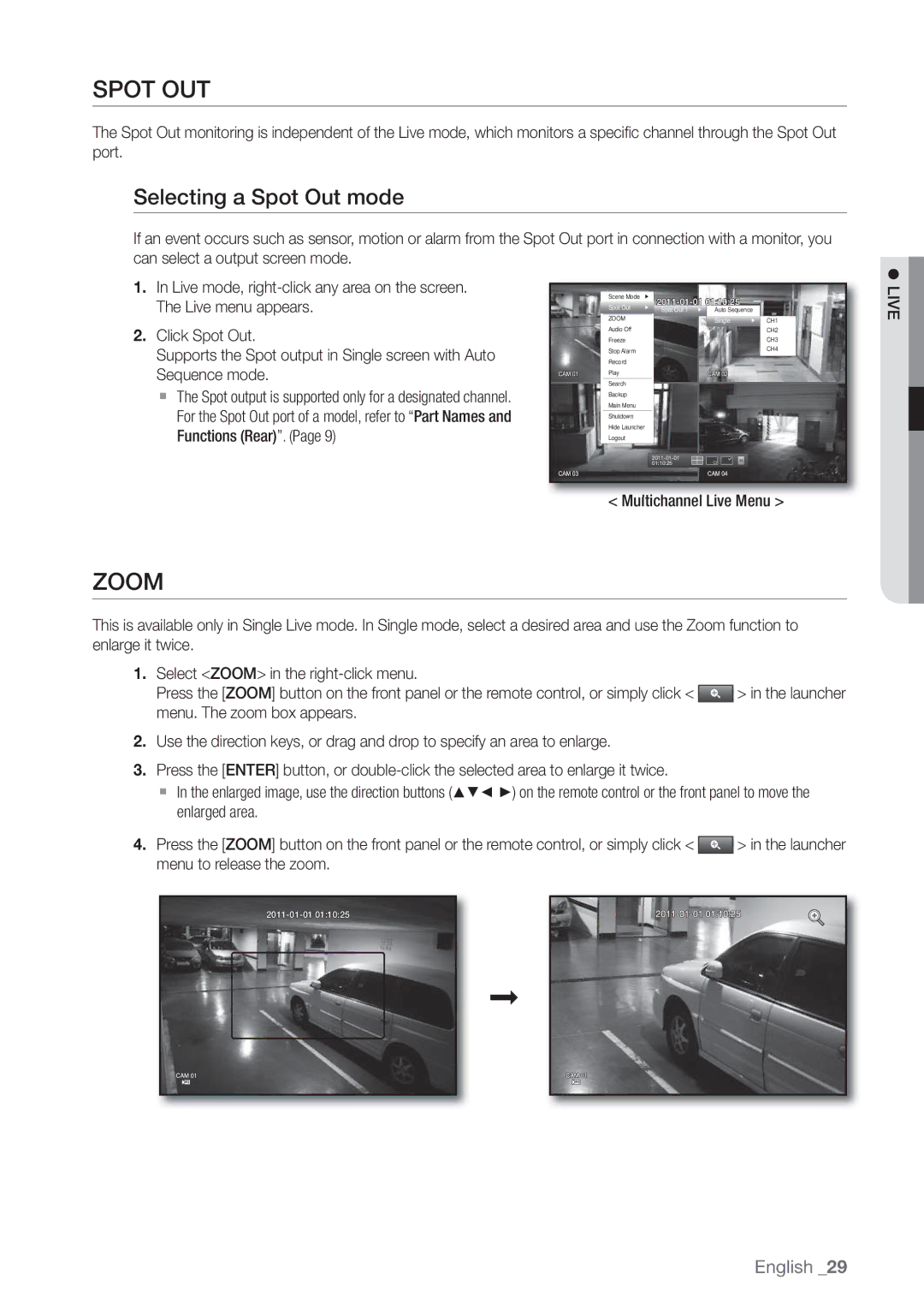 Samsung SRD470D500 user manual Spot OUT, Zoom, Selecting a Spot Out mode, Multichannel Live Menu 