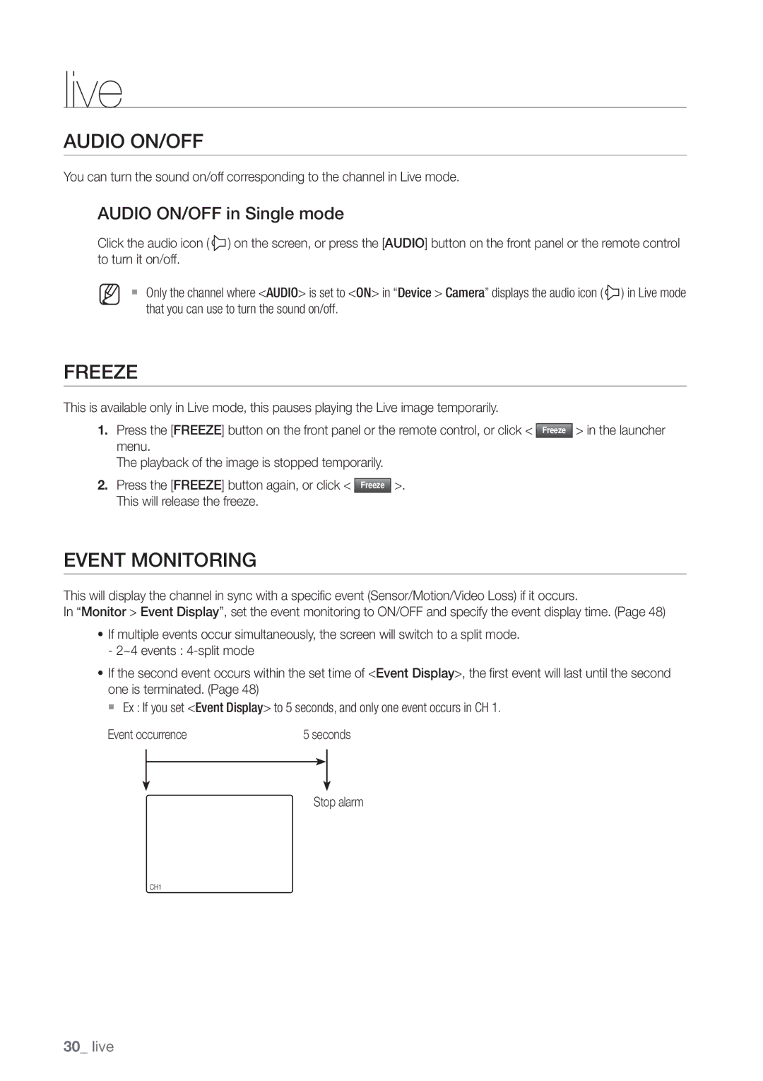 Samsung SRD470D500 user manual Freeze, Event Monitoring, Audio ON/OFF in Single mode 