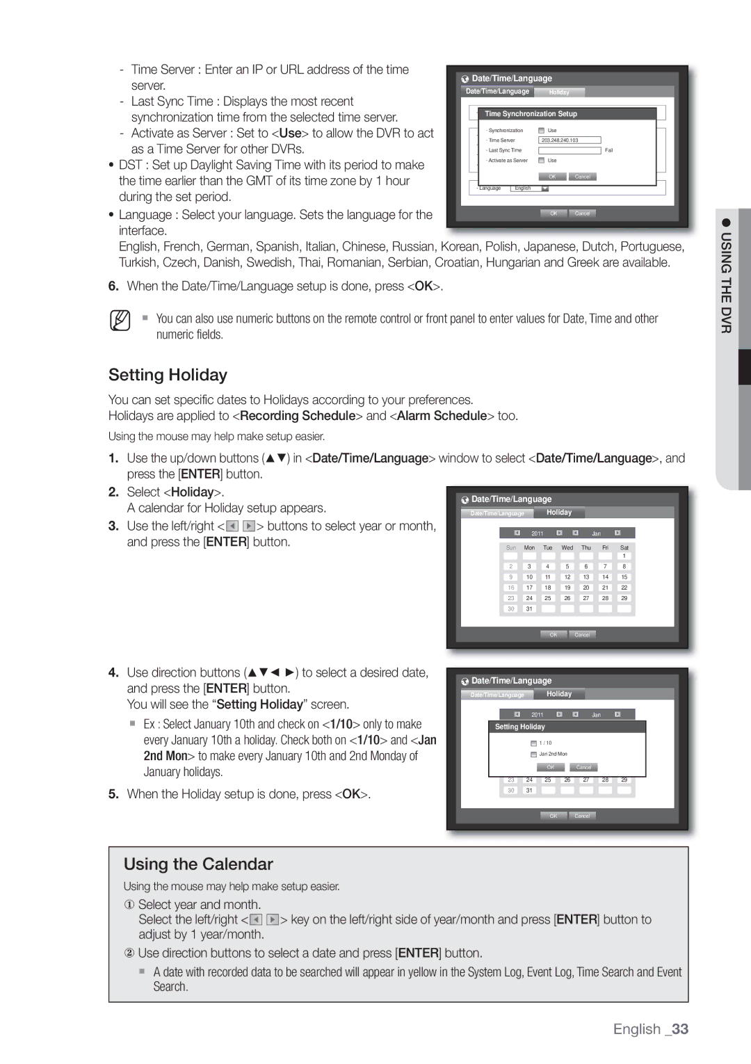 Samsung SRD470D500 user manual Setting Holiday, Using the Calendar 