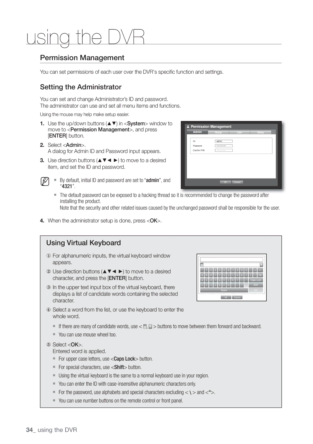 Samsung SRD470D500 user manual Permission Management, Setting the Administrator, Using Virtual Keyboard 