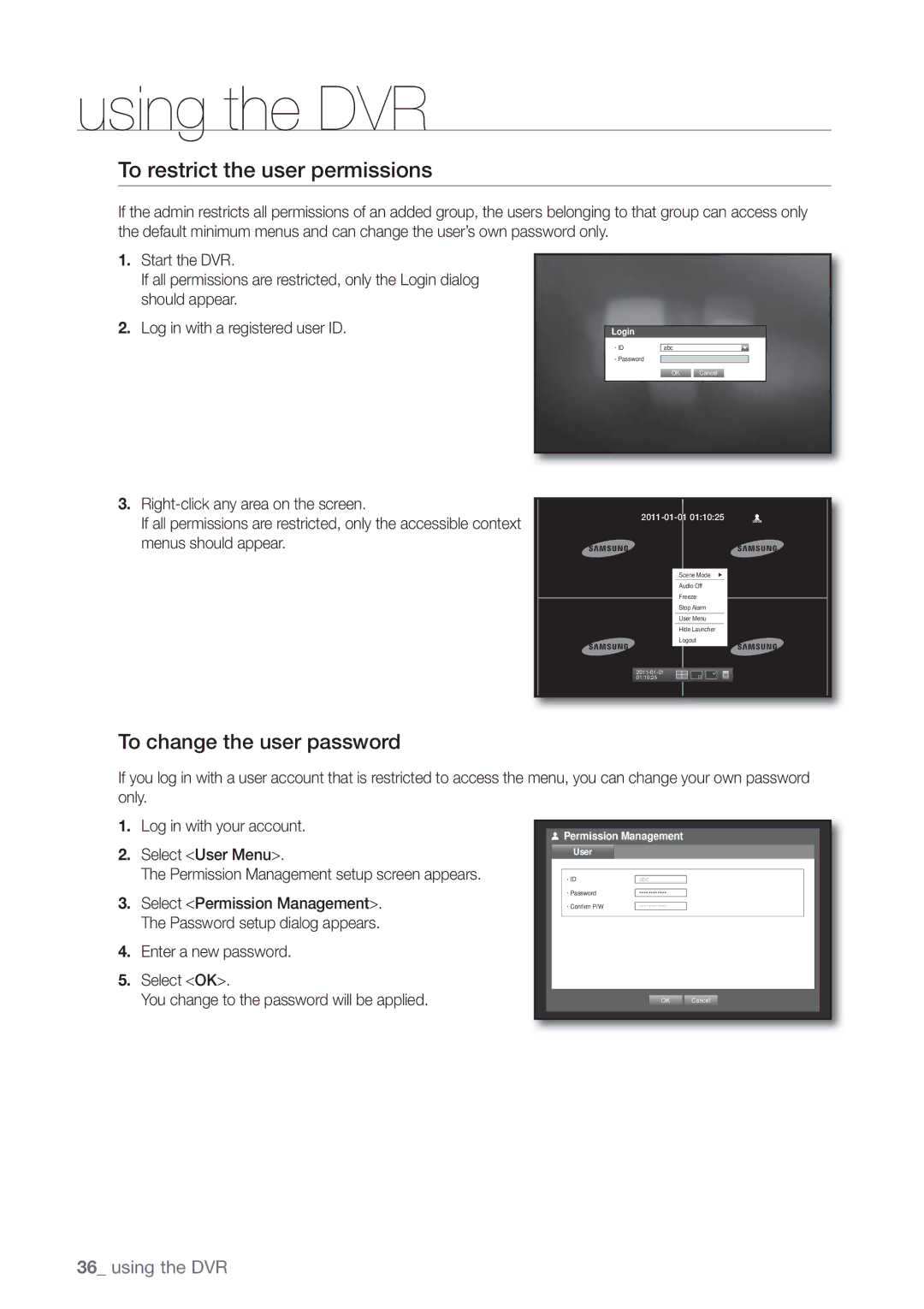 Samsung SRD470D500 user manual To restrict the user permissions, To change the user password 