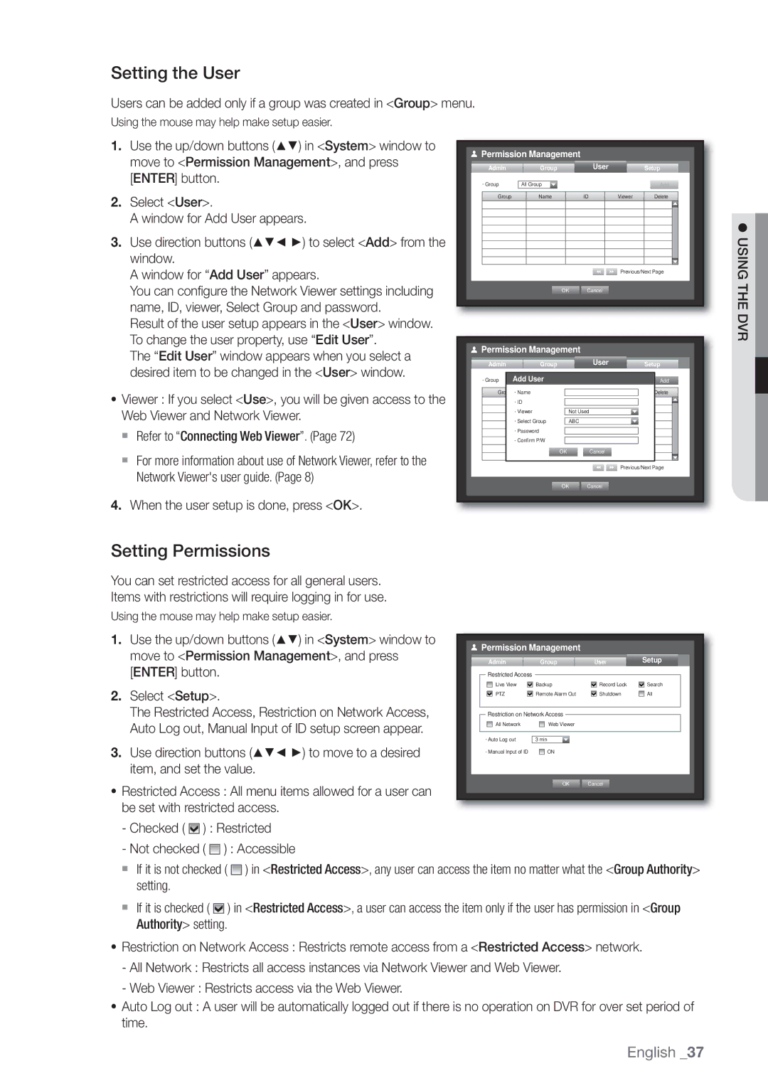 Samsung SRD470D500 Setting the User, Setting Permissions, When the user setup is done, press OK, Use direction buttons 