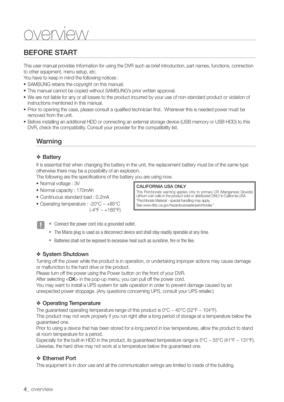 Samsung SRD470D500 user manual Before Start, Normal capacity 170mAh, Continuous standard load 0.2mA 