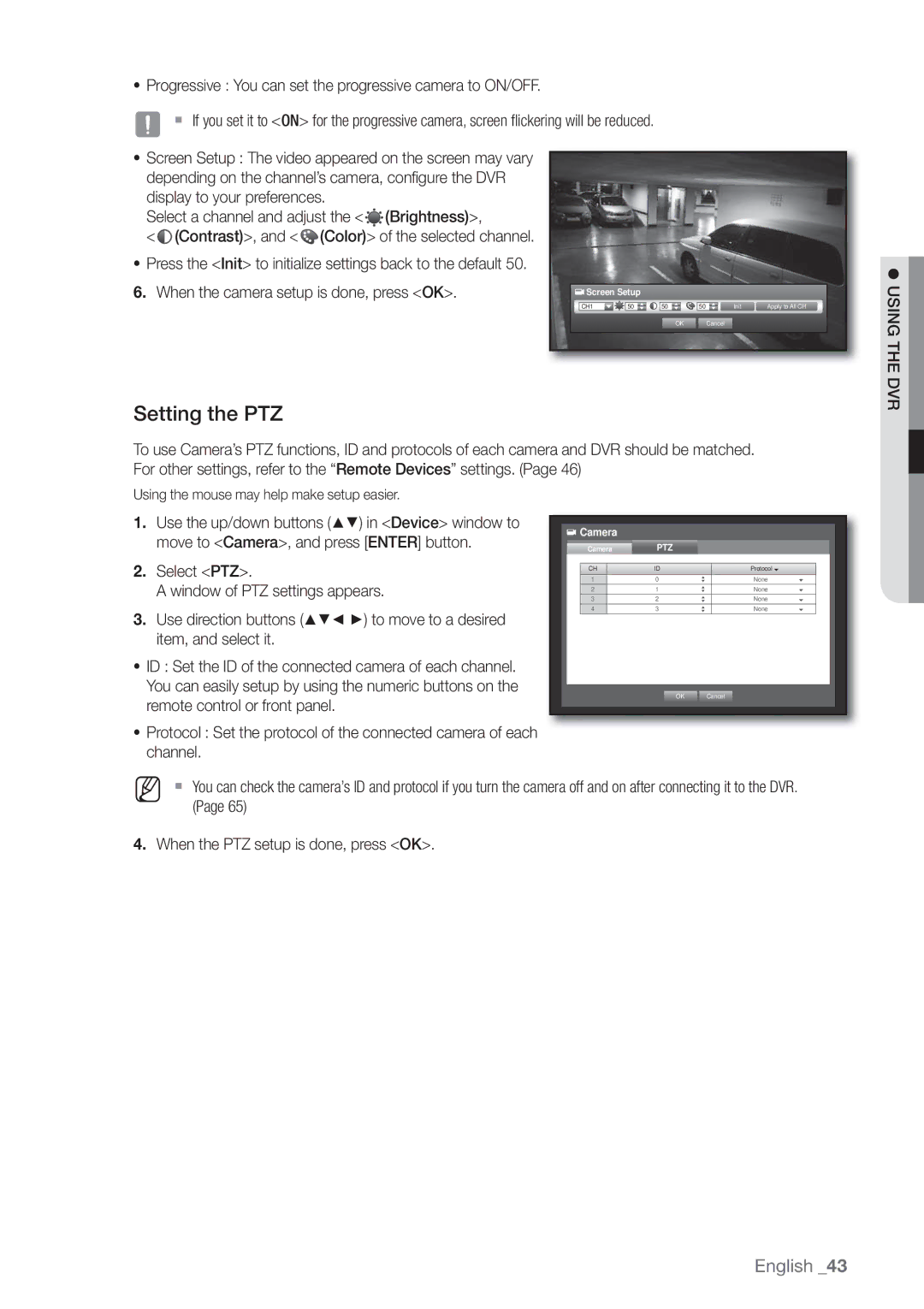 Samsung SRD470D500 user manual Setting the PTZ, Usingthe DVR 