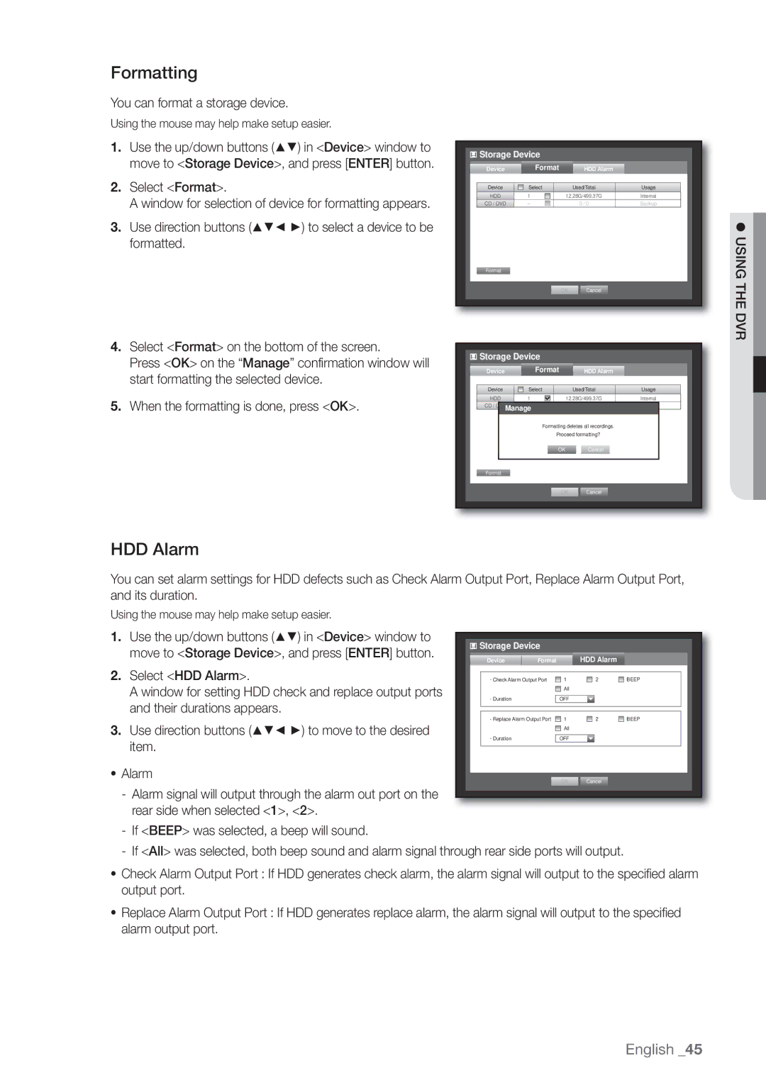 Samsung SRD470D500 user manual Formatting, HDD Alarm, You can format a storage device, Select Format 