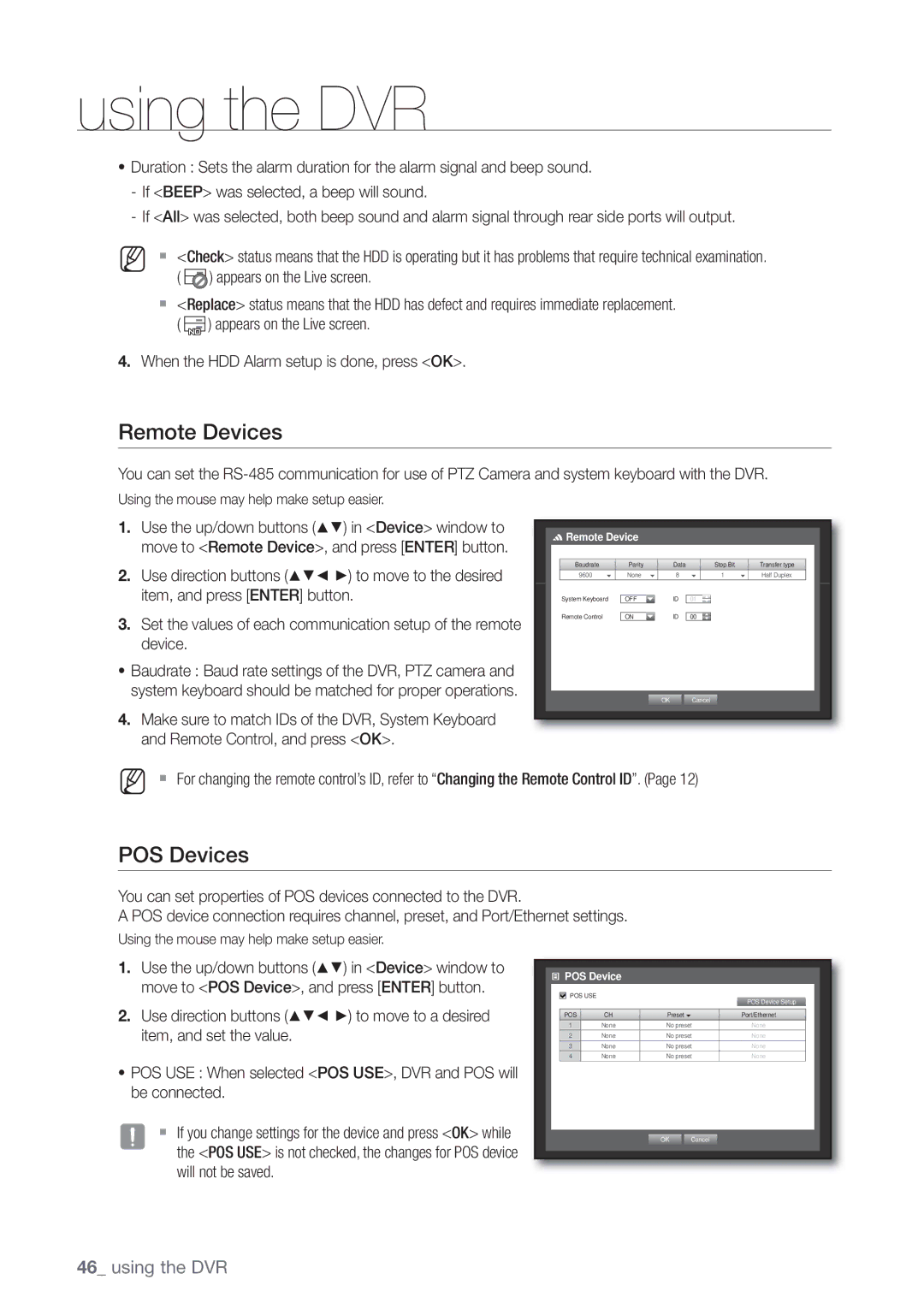 Samsung SRD470D500 user manual Remote Devices, POS Devices, Item, and press Enter button 