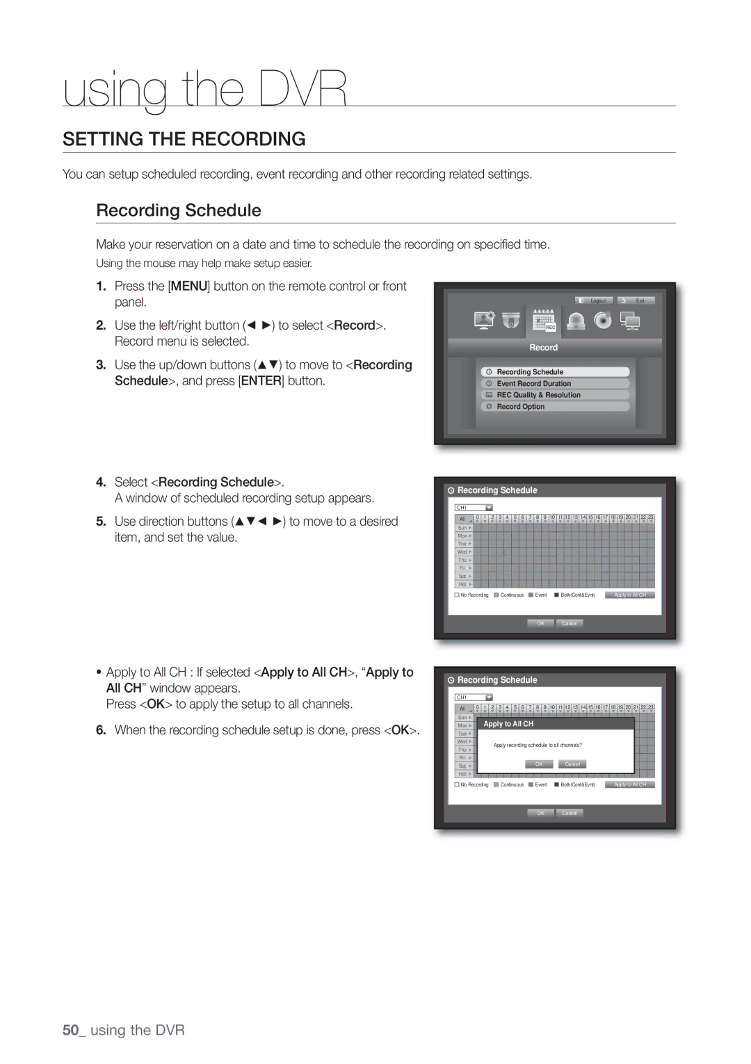 Samsung SRD470D500 user manual Setting the Recording, Recording Schedule 