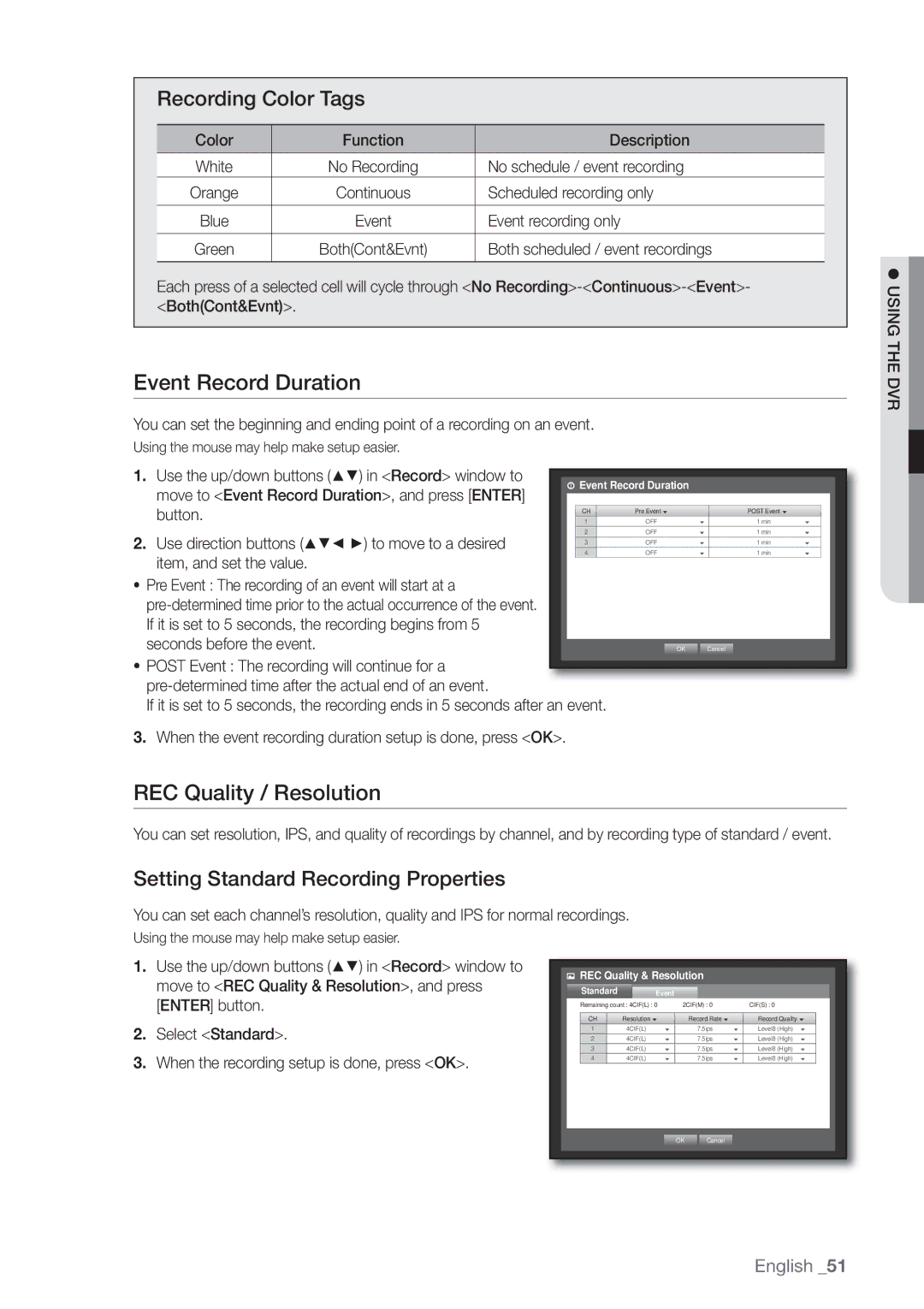 Samsung SRD470D500 user manual Event Record Duration, REC Quality / Resolution, Recording Color Tags 