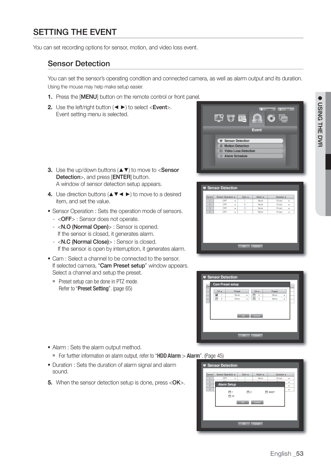 Samsung SRD470D500 user manual Setting the Event, Sensor Detection, OFF Sensor does not operate, Preset Setting, Sound 