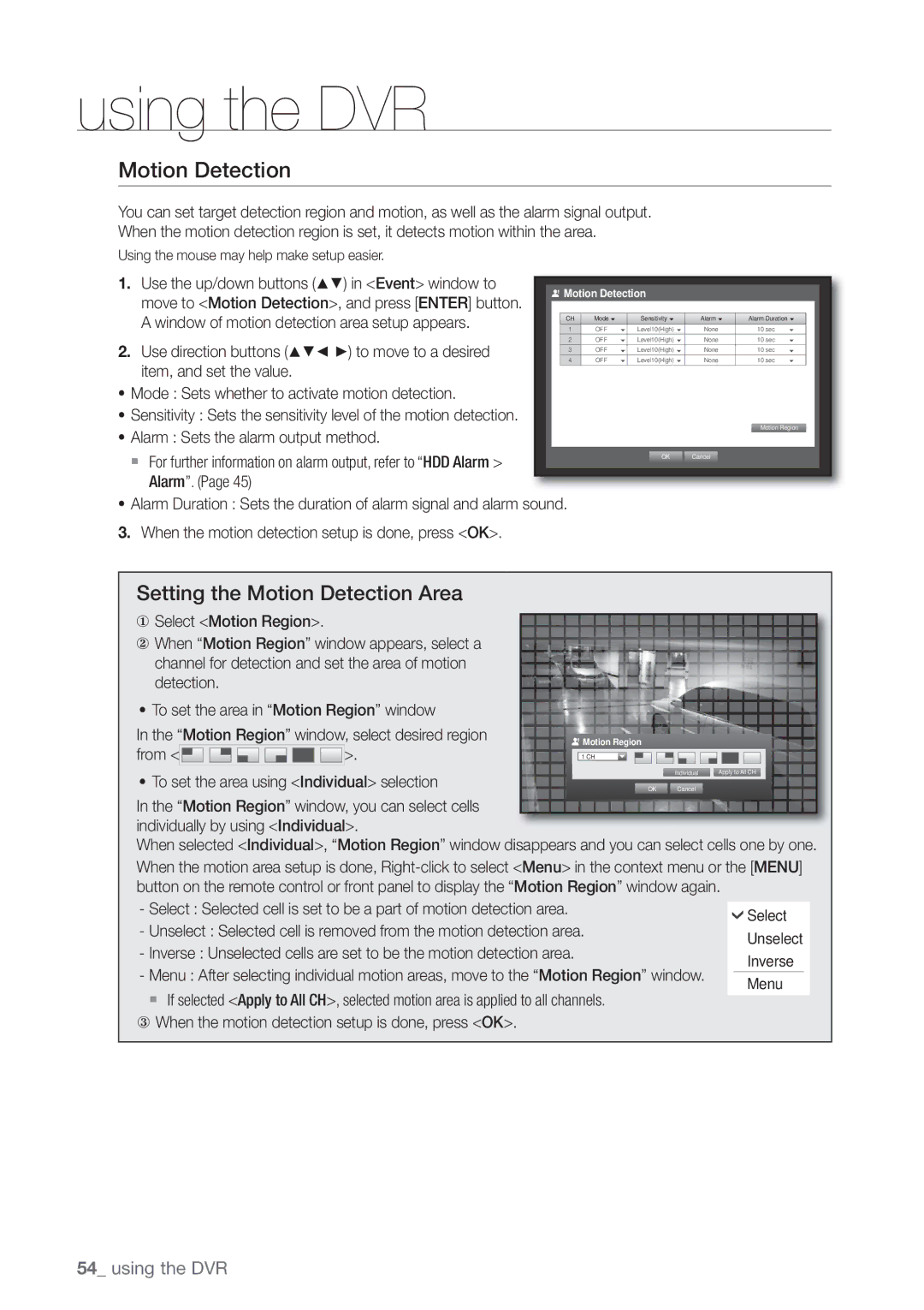 Samsung SRD470D500 user manual Setting the Motion Detection Area 