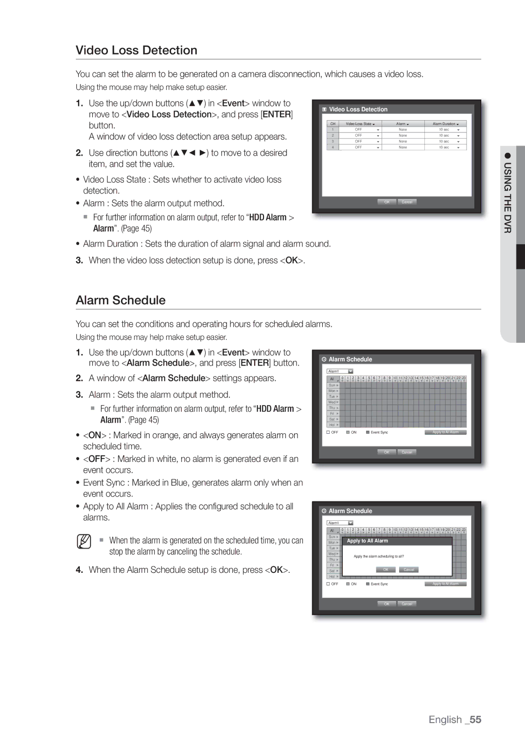 Samsung SRD470D500 user manual Alarm Schedule, Move to Video Loss Detection, and press Enter 