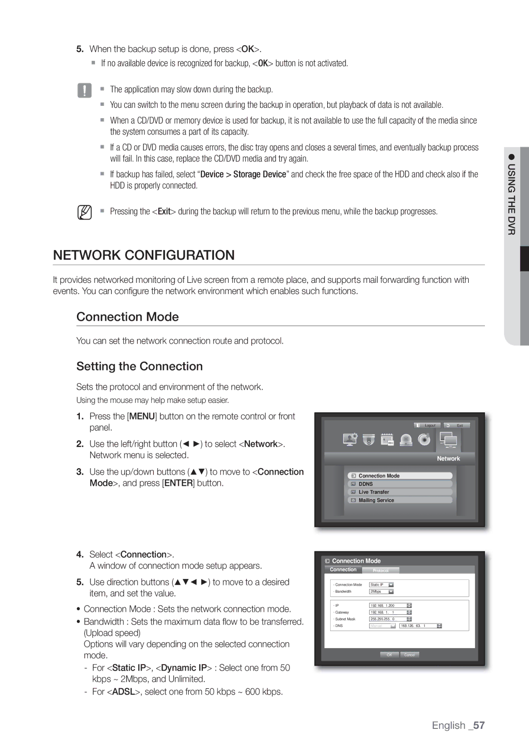 Samsung SRD470D500 user manual Network Configuration, Connection Mode, Setting the Connection 