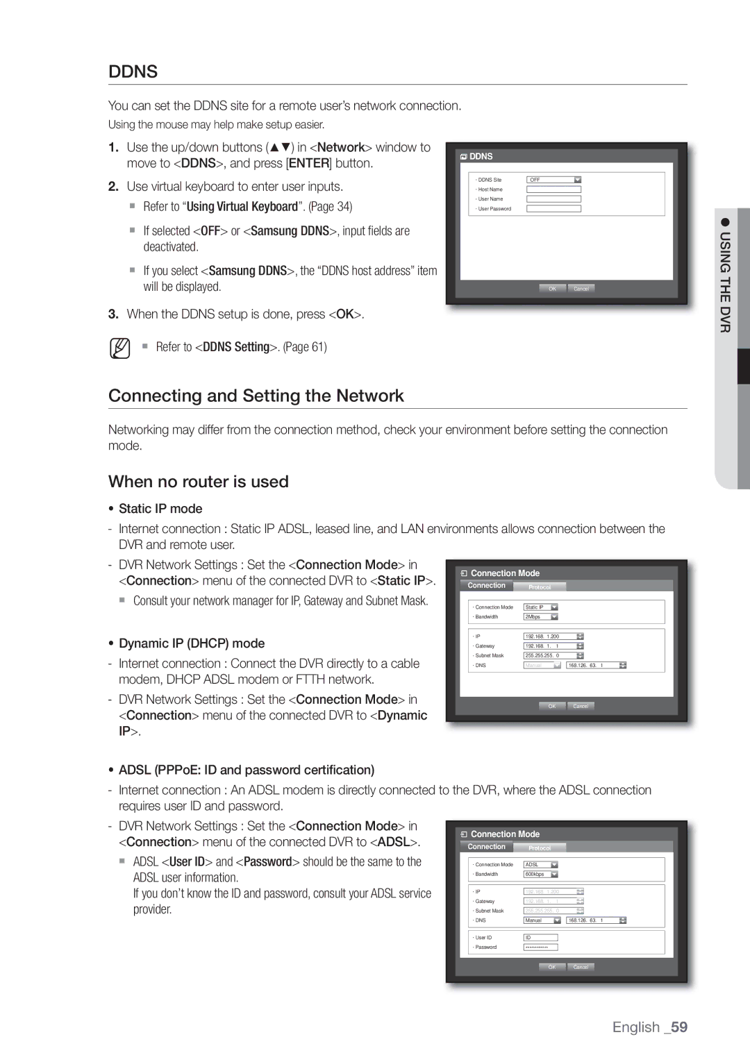 Samsung SRD470D500 user manual Connecting and Setting the Network, When no router is used,  Refer to Ddns Setting 