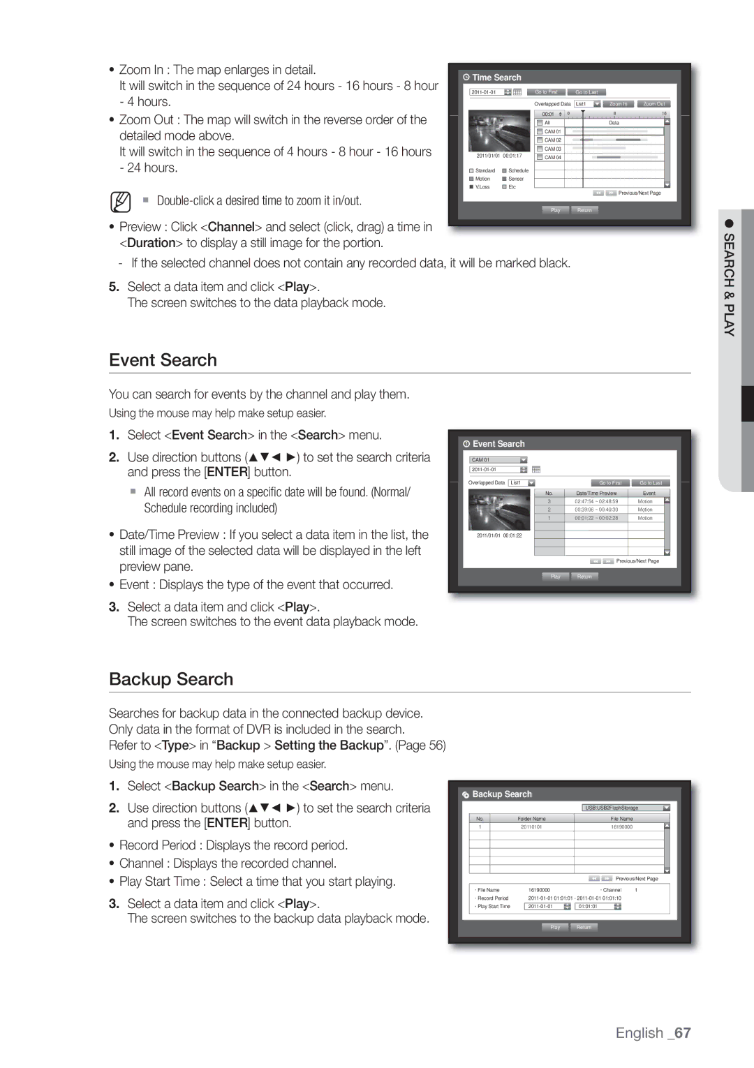 Samsung SRD470D500 user manual Event Search, Backup Search, Search & Play 