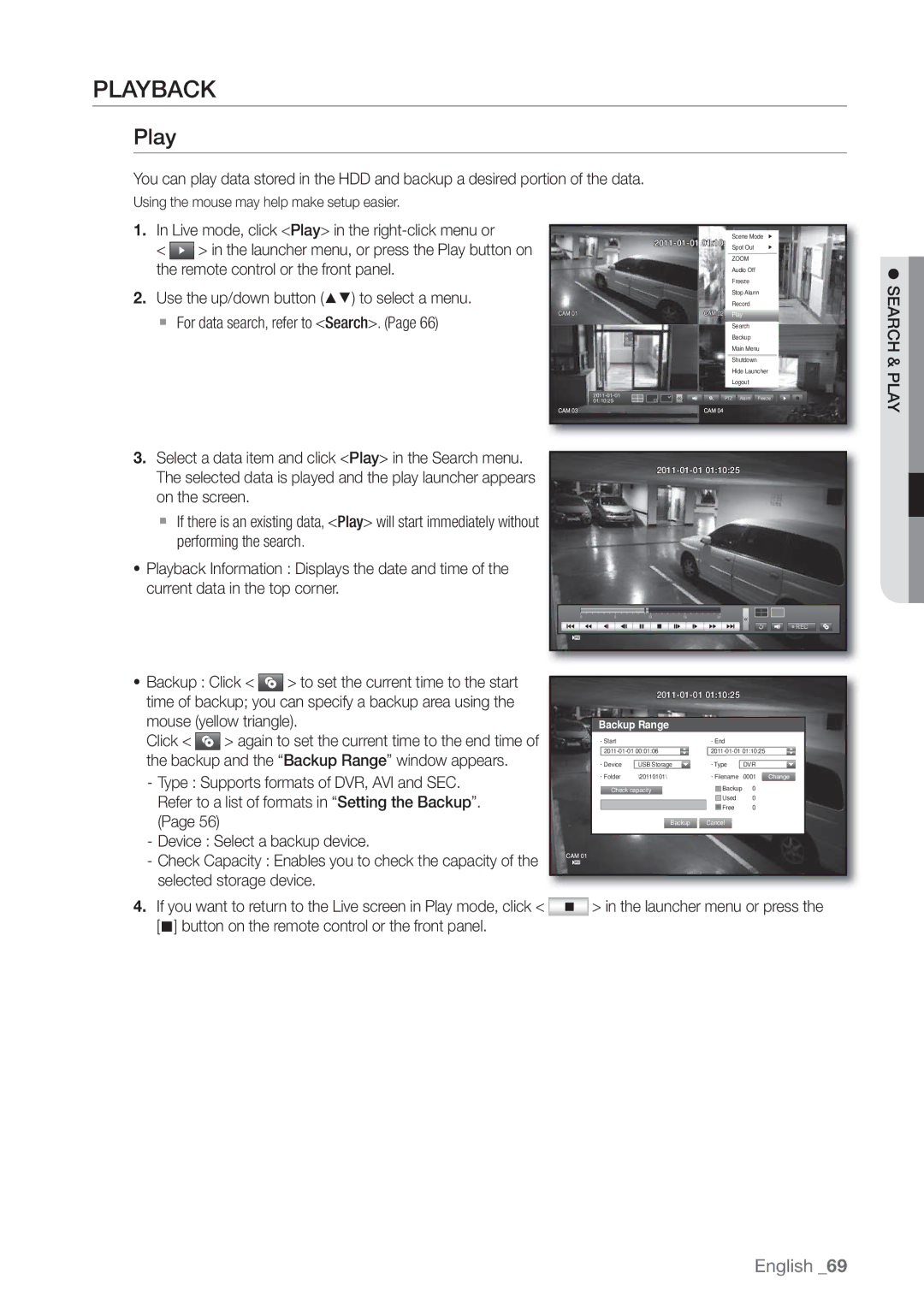 Samsung SRD470D500 user manual Playback, Backup Range 