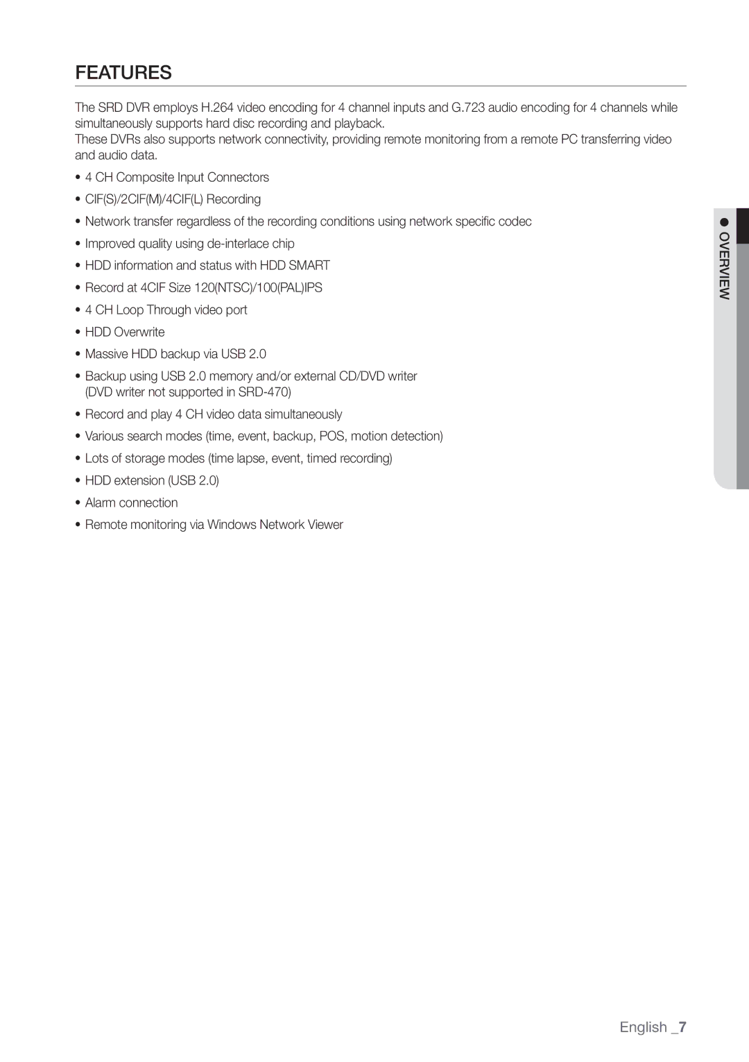 Samsung SRD470D500 user manual Features 