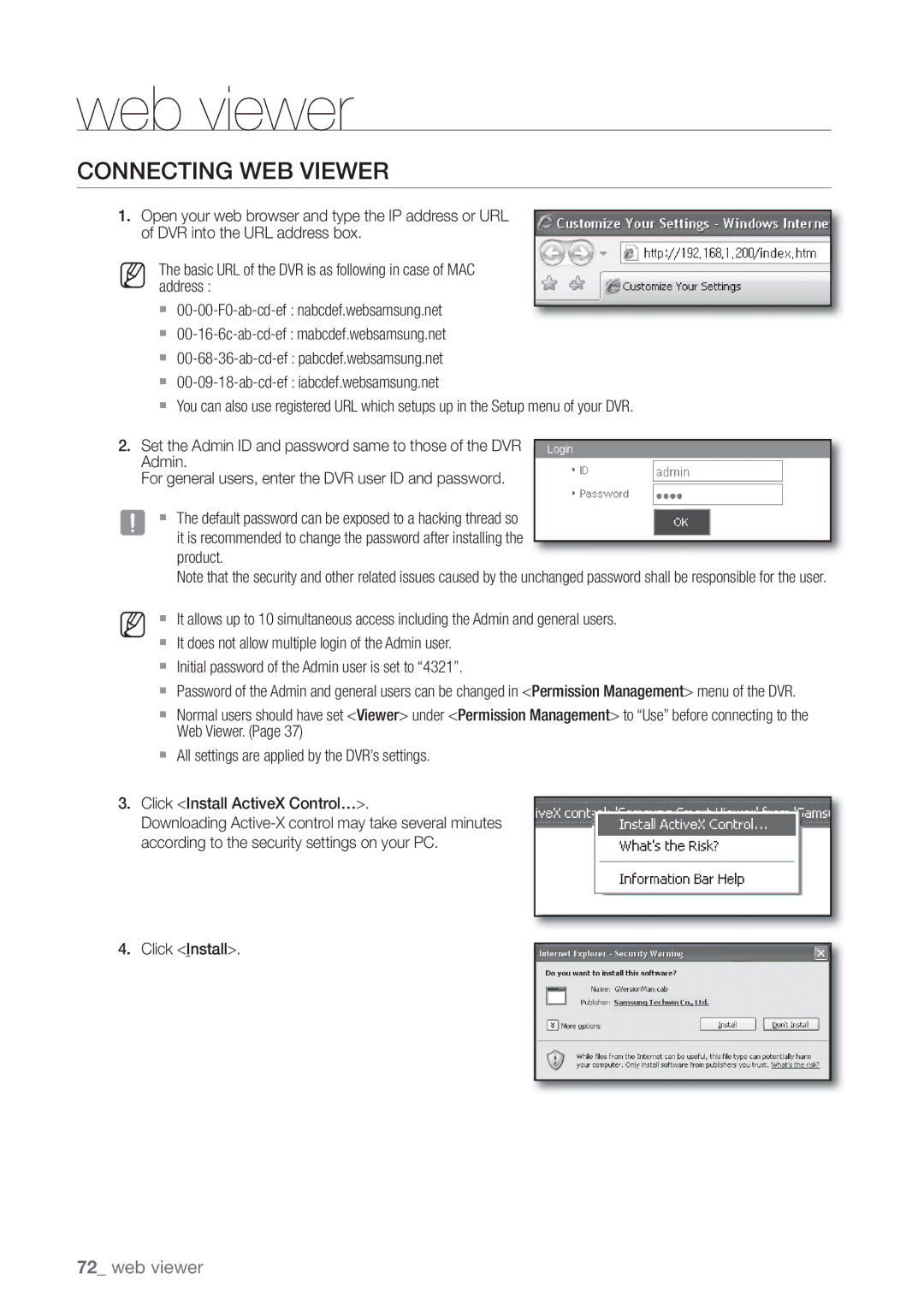 Samsung SRD470D500 user manual Connecting WEB Viewer, Click Install 