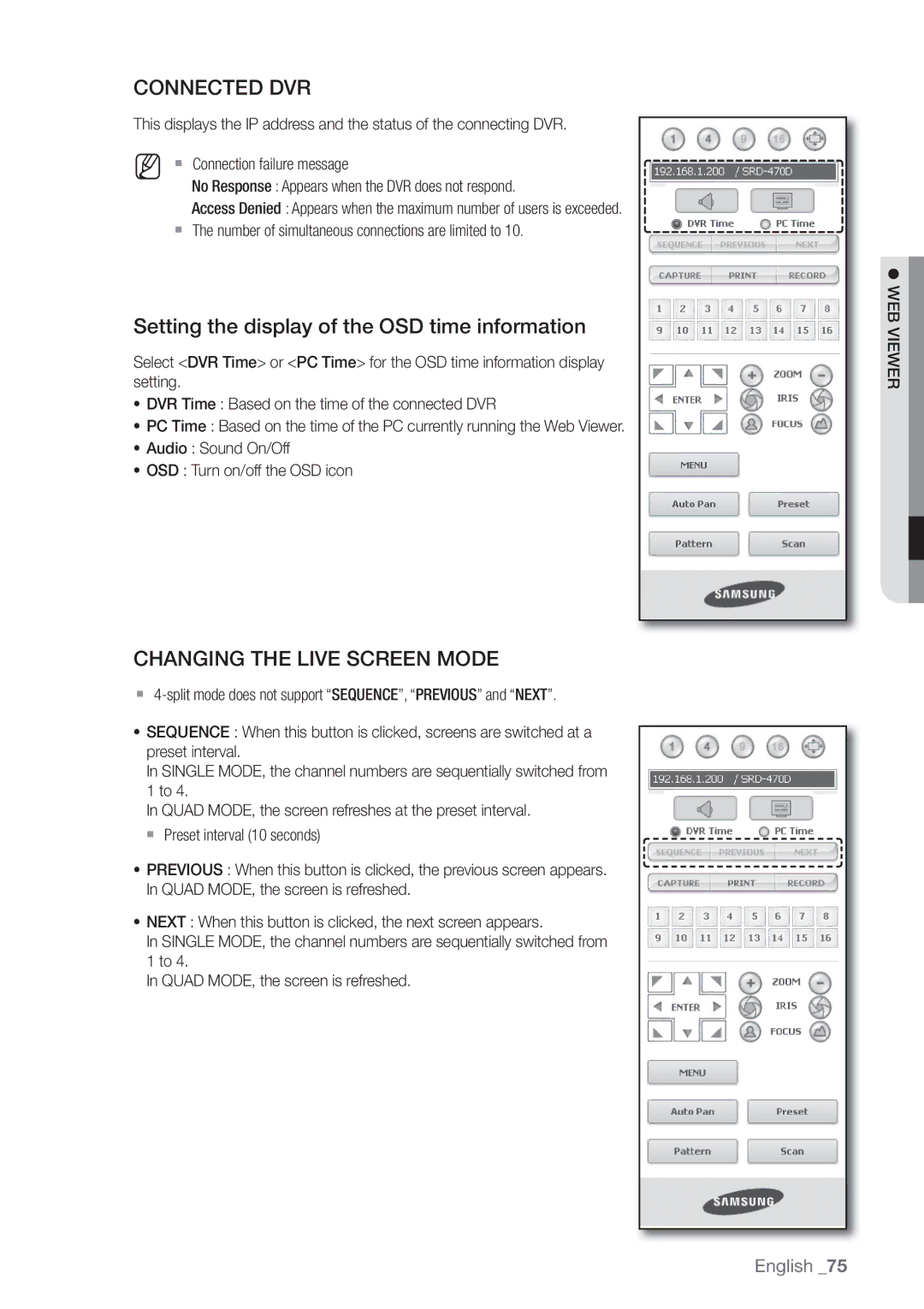 Samsung SRD470D500 user manual Connected DVR, Setting the display of the OSD time information 