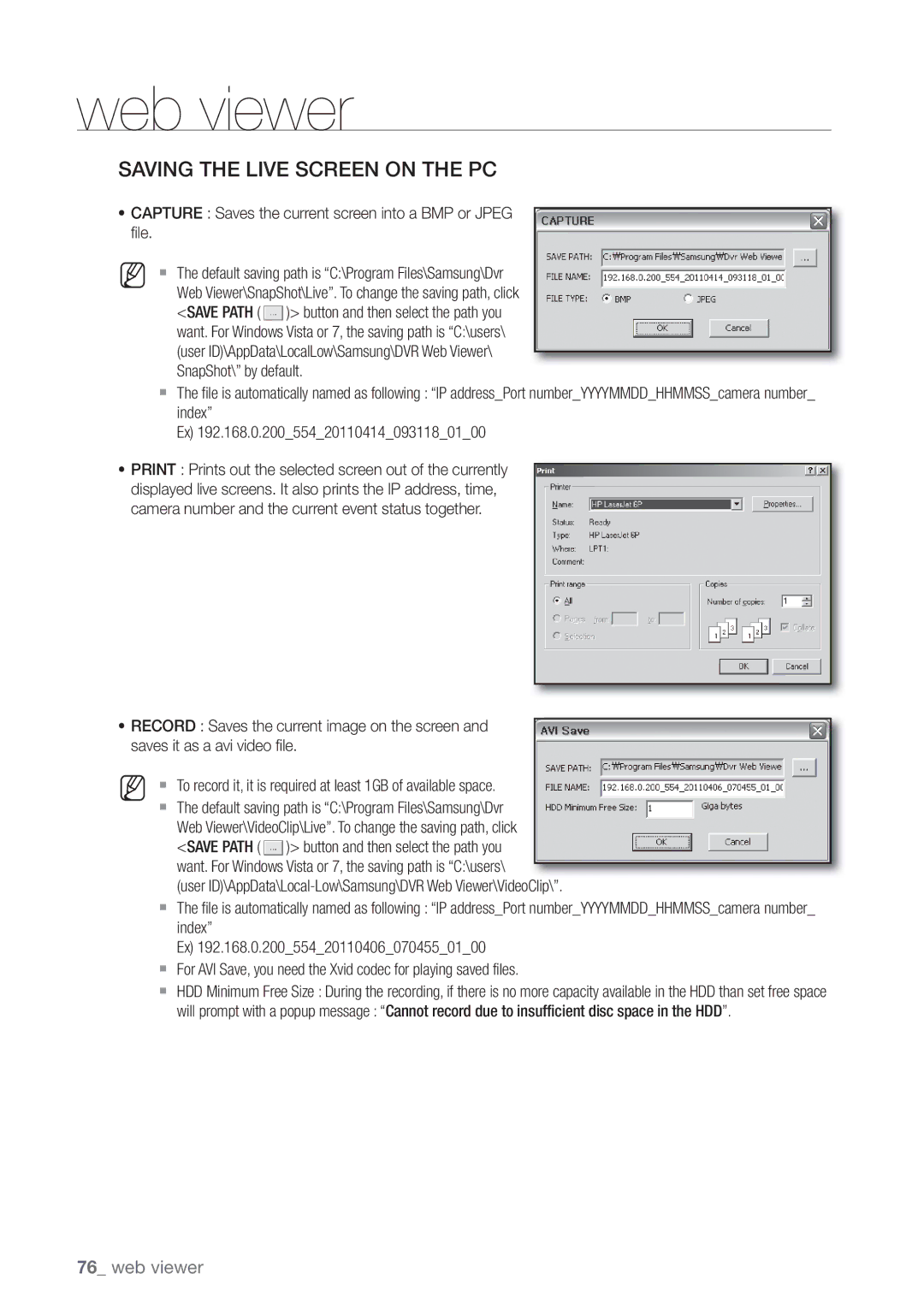 Samsung SRD470D500 user manual Saving the Live Screen on the PC, Capture Saves the current screen into a BMP or Jpeg file 