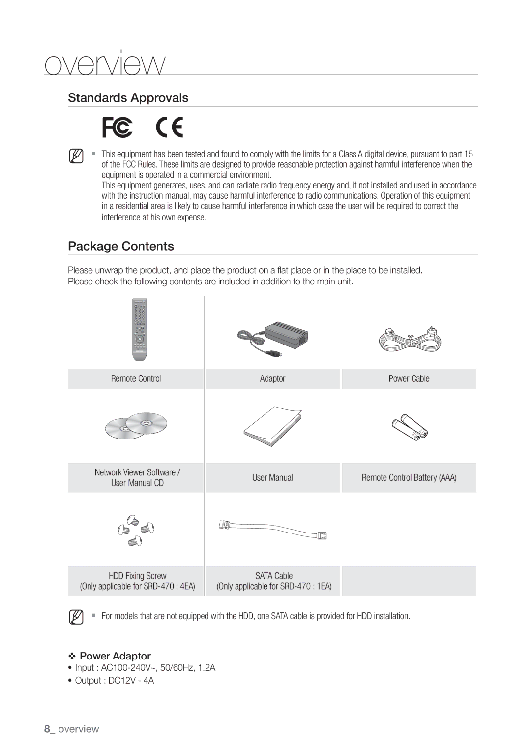 Samsung SRD470D500 user manual Standards Approvals, Package Contents 