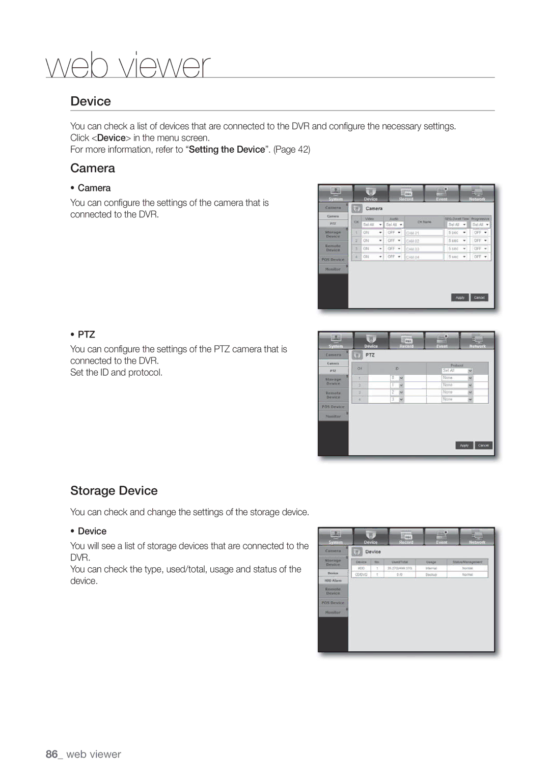 Samsung SRD470D500 user manual Camera, Storage Device 