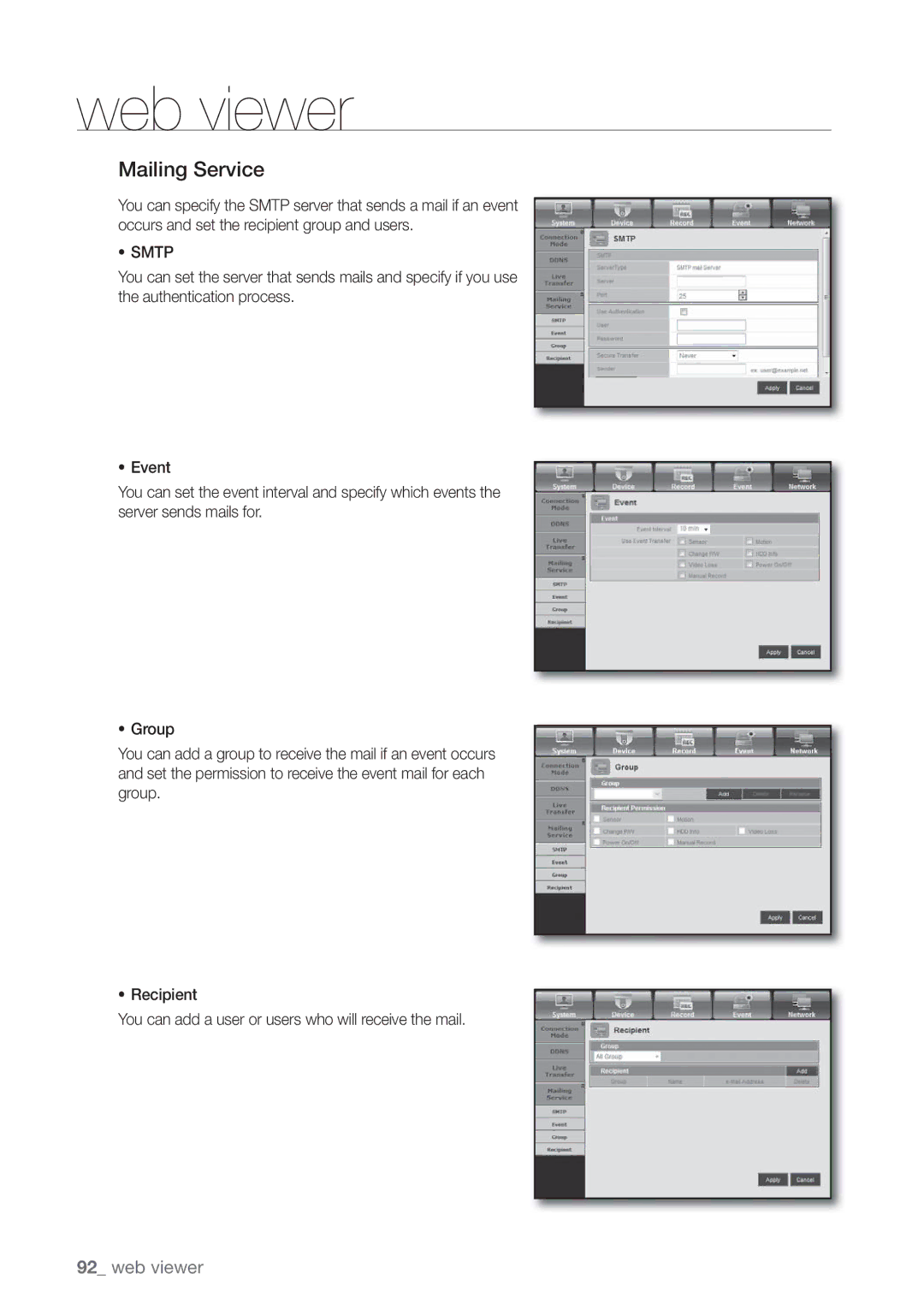 Samsung SRD470D500 user manual Mailing Service, Smtp 