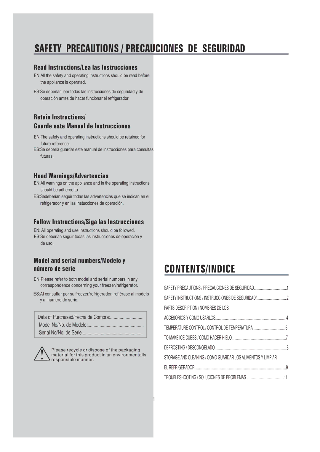 Samsung SRG-058 manual Contents/Indice 