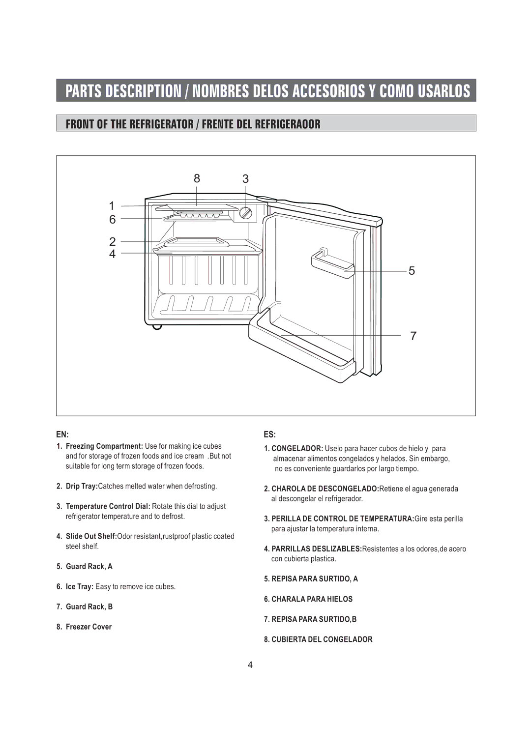 Samsung SRG-058 manual Front of the Refrigerator / Frente DEL Refrigeraoor, Guard Rack, B Freezer Cover 