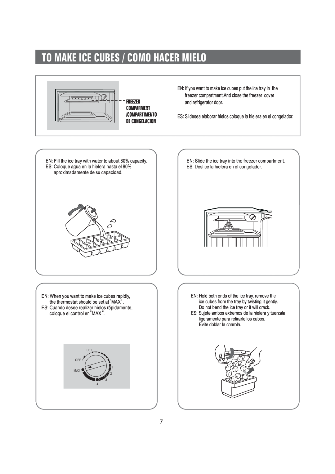 Samsung SRG-058 manual To Make Ice Cubes / Como Hacer Mielo, Freezer Comparment /Compartimento De Congelacion 