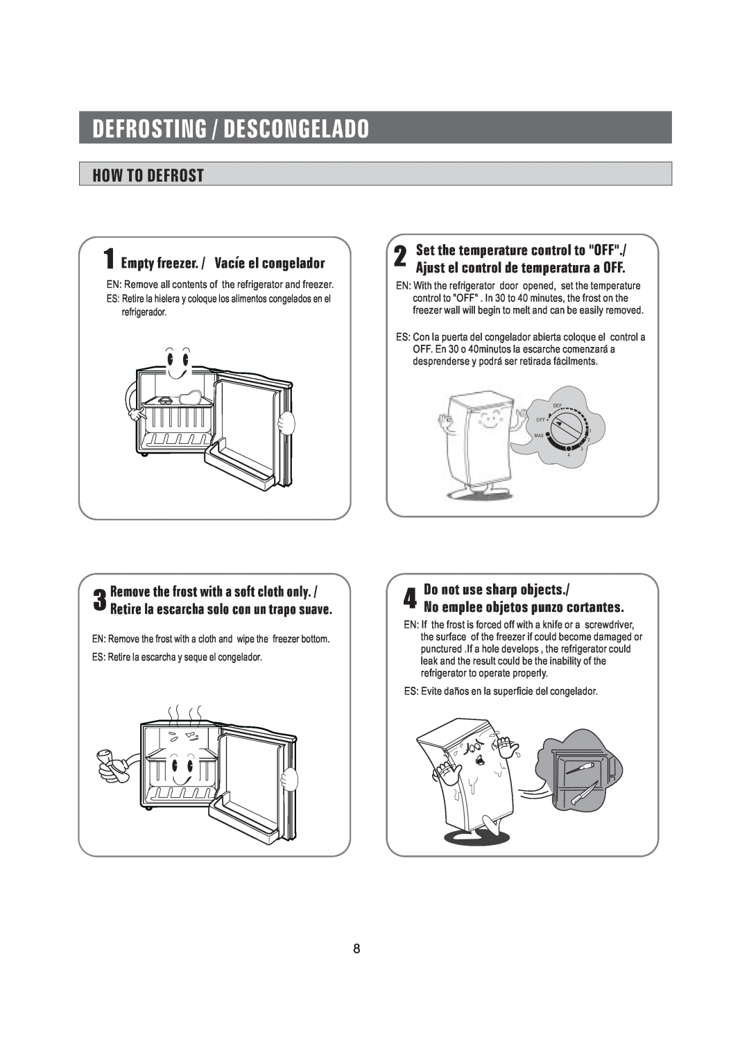 Samsung SRG-058 manual Defrosting / Descongelado, How To Defrost, Empty freezer. / Vacie el congelador 