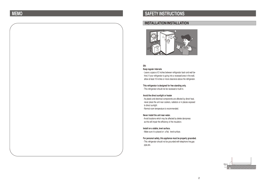 Samsung SRG-119G, SRG-119B, SRG-118 manual Memo Safety Instructions, Installation/Installation 