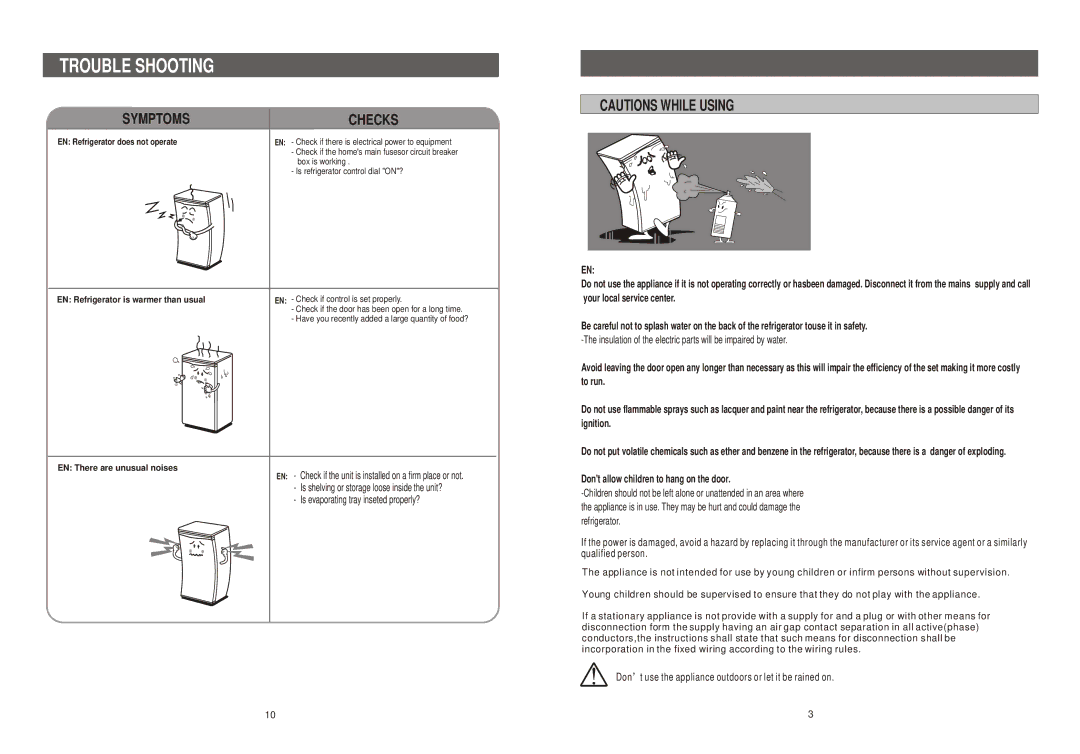 Samsung SRG-149B manual Trouble Shooting, Symptoms Checks, EN Refrigerator does not operate, EN There are unusual noises 