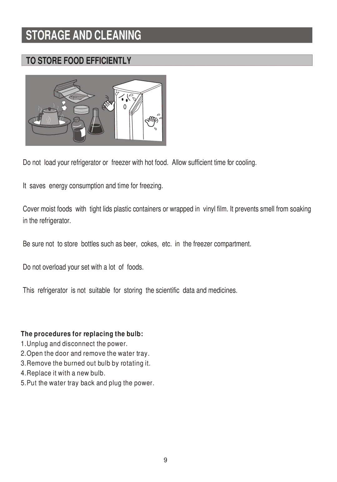 Samsung SRG-151PT, SRG-150, SRG-149PT Storage and Cleaning, To Store Food Efficiently, Procedures for replacing the bulb 