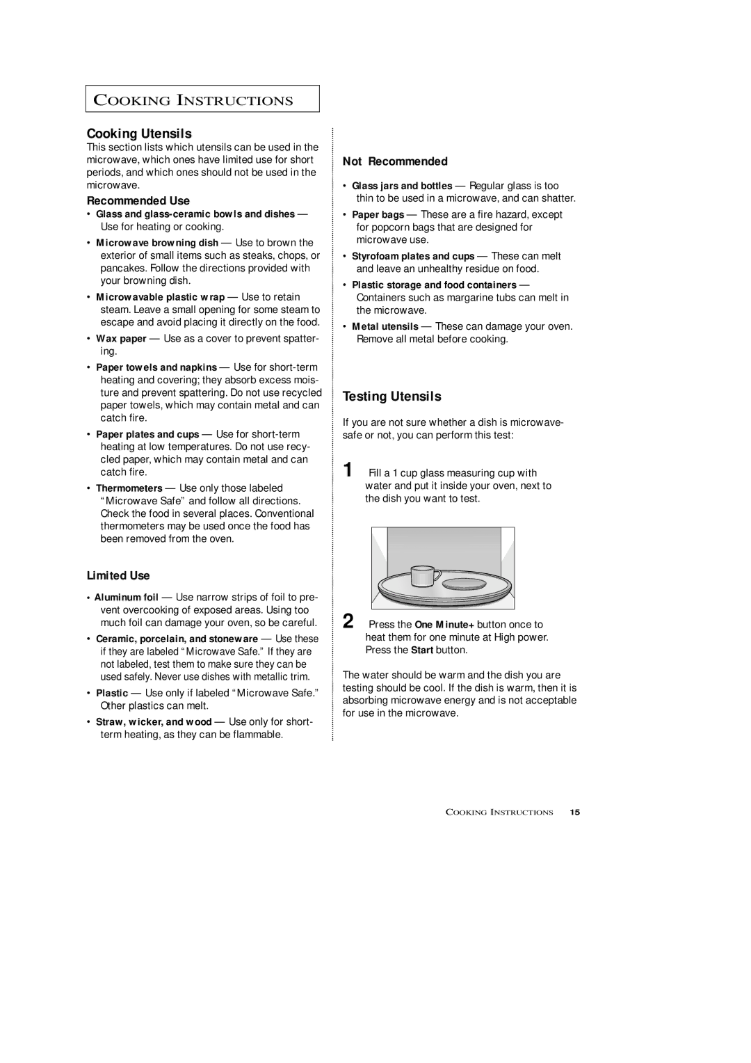 Samsung SRH1230ZG owner manual Cooking Utensils, Testing Utensils, Wax paper Use as a cover to prevent spatter- ing 