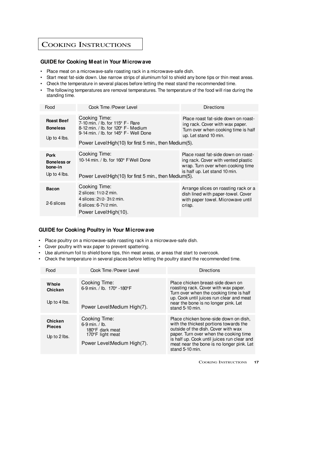 Samsung SRH1230ZG owner manual Guide for Cooking Meat in Your Microwave, Guide for Cooking Poultry in Your Microwave 