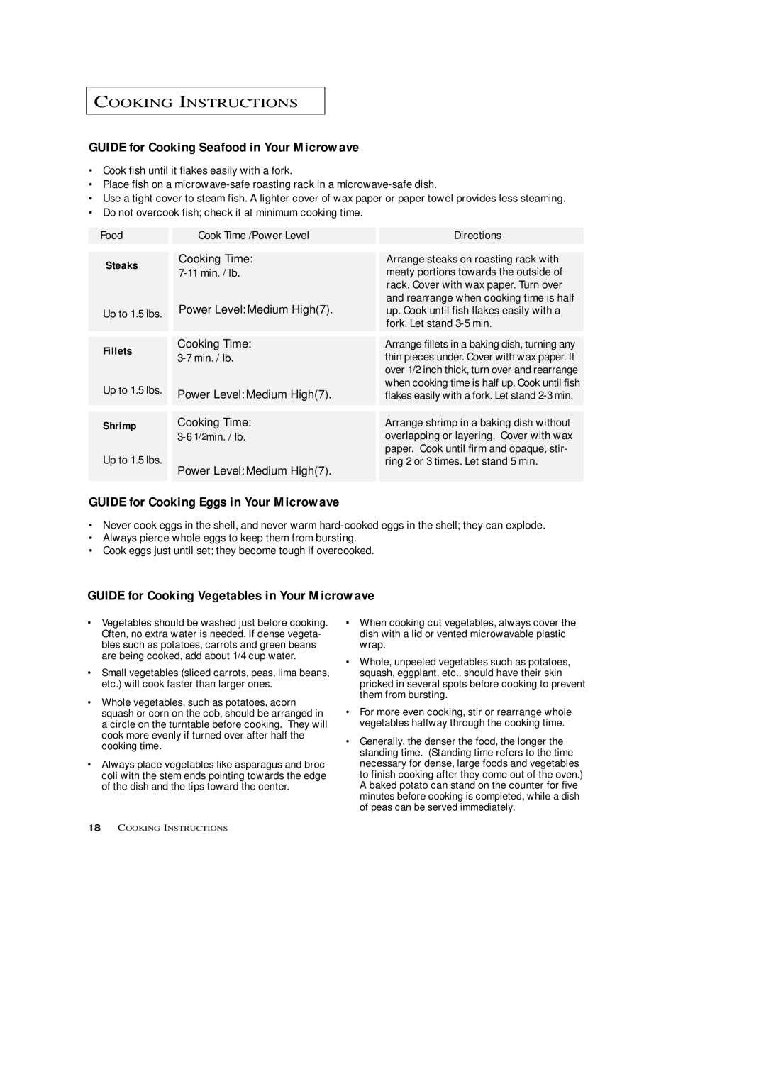 Samsung SRH1230ZG owner manual Guide for Cooking Seafood in Your Microwave, Guide for Cooking Eggs in Your Microwave 