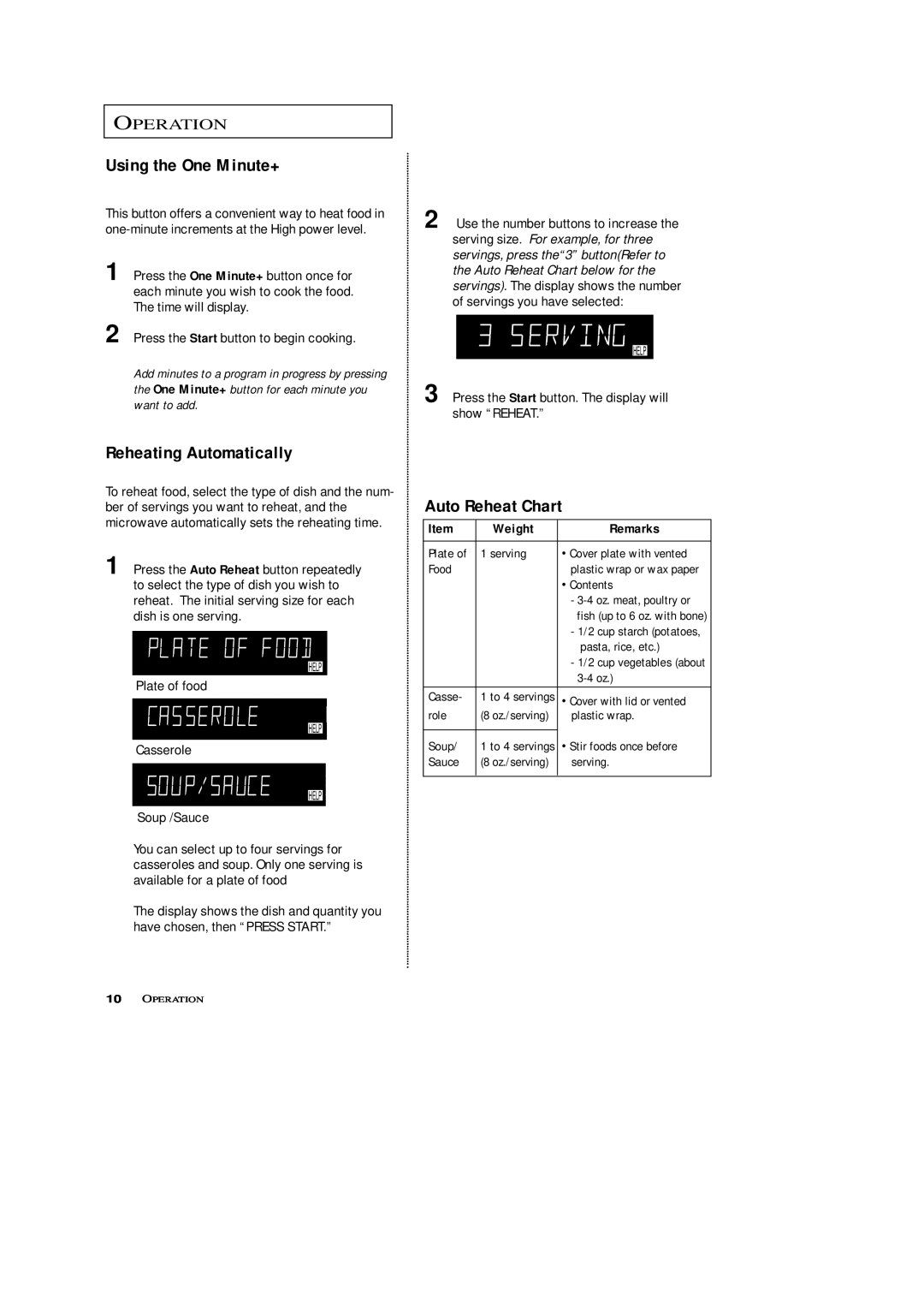 Samsung SRH1230ZG owner manual Using the One Minute+, Reheating Automatically, Auto Reheat Chart, Operation 