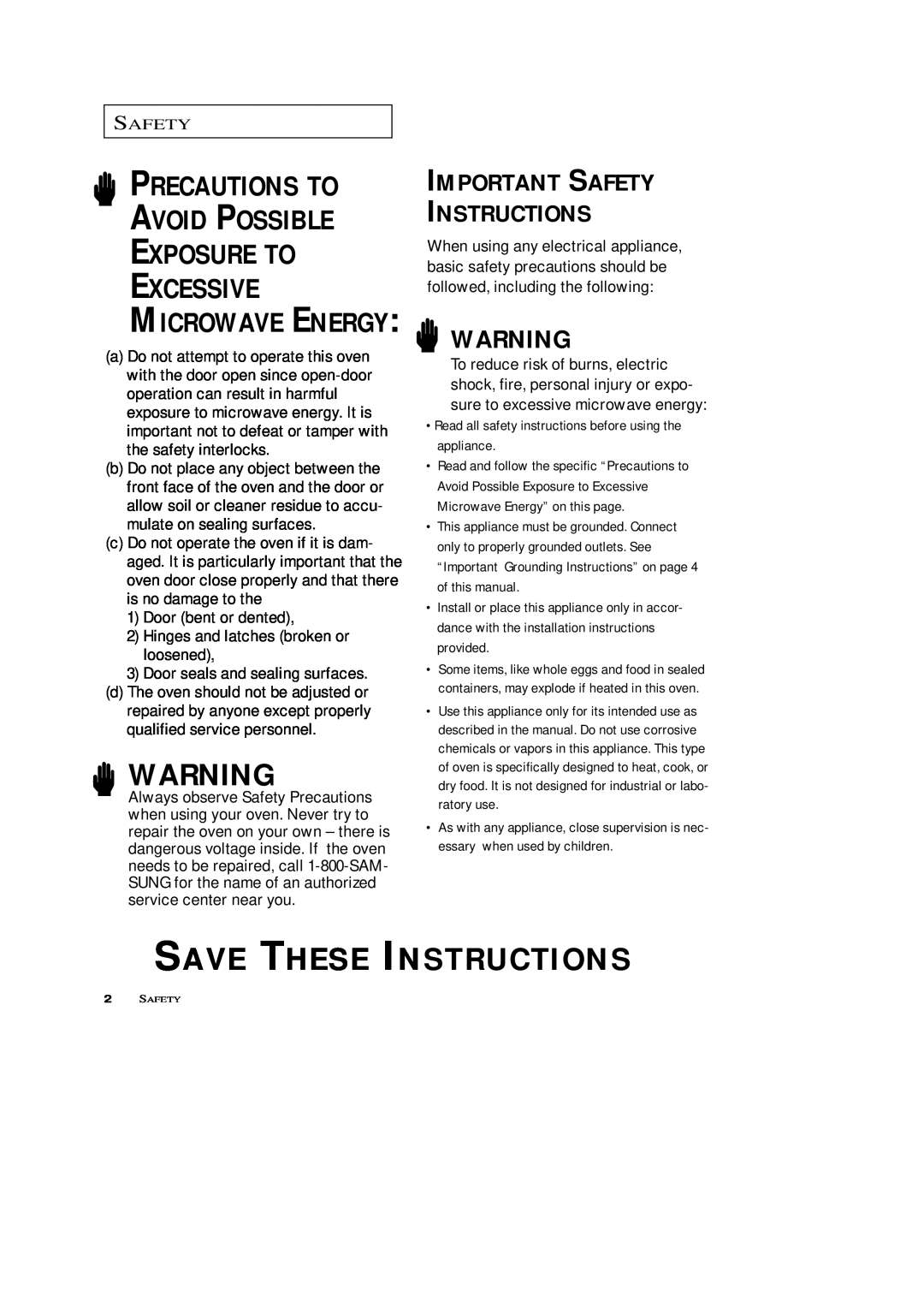 Samsung SRH1230ZG Save These Instructions, Precautions To Avoid Possible Exposure To Excessive, Microwave Energy 