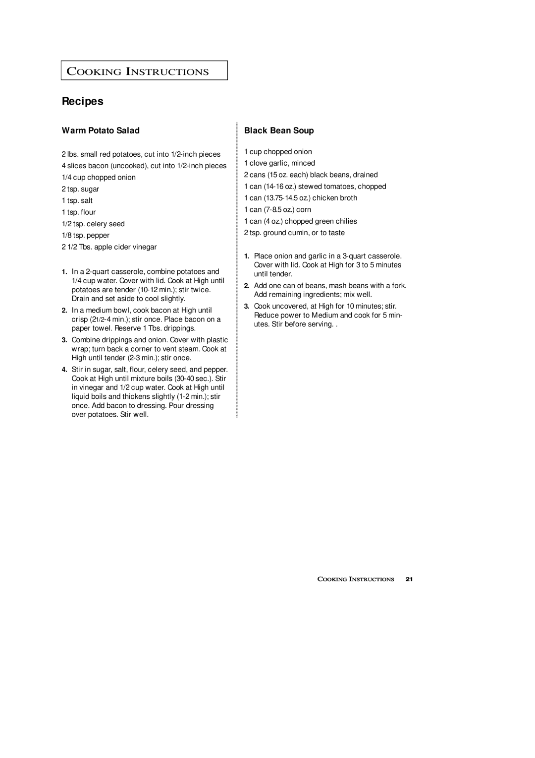 Samsung SRH1230ZG owner manual Warm Potato Salad, Black Bean Soup, Recipes, Cooking Instructions 