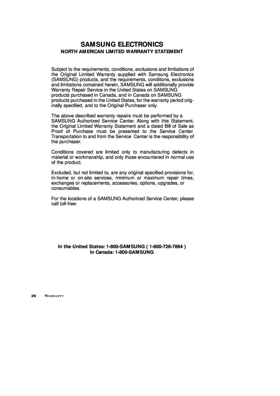 Samsung SRH1230ZG owner manual Samsung Electronics, North American Limited Warranty Statement 
