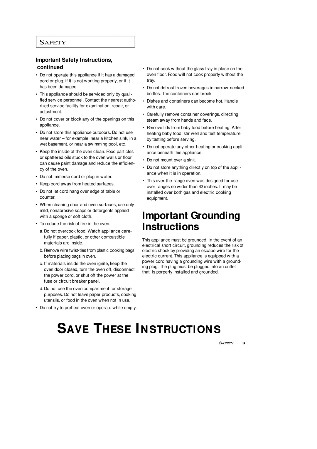 Samsung SRH1230ZG Important Grounding Instructions, Important Safety Instructions, continued, Save These Instructions 