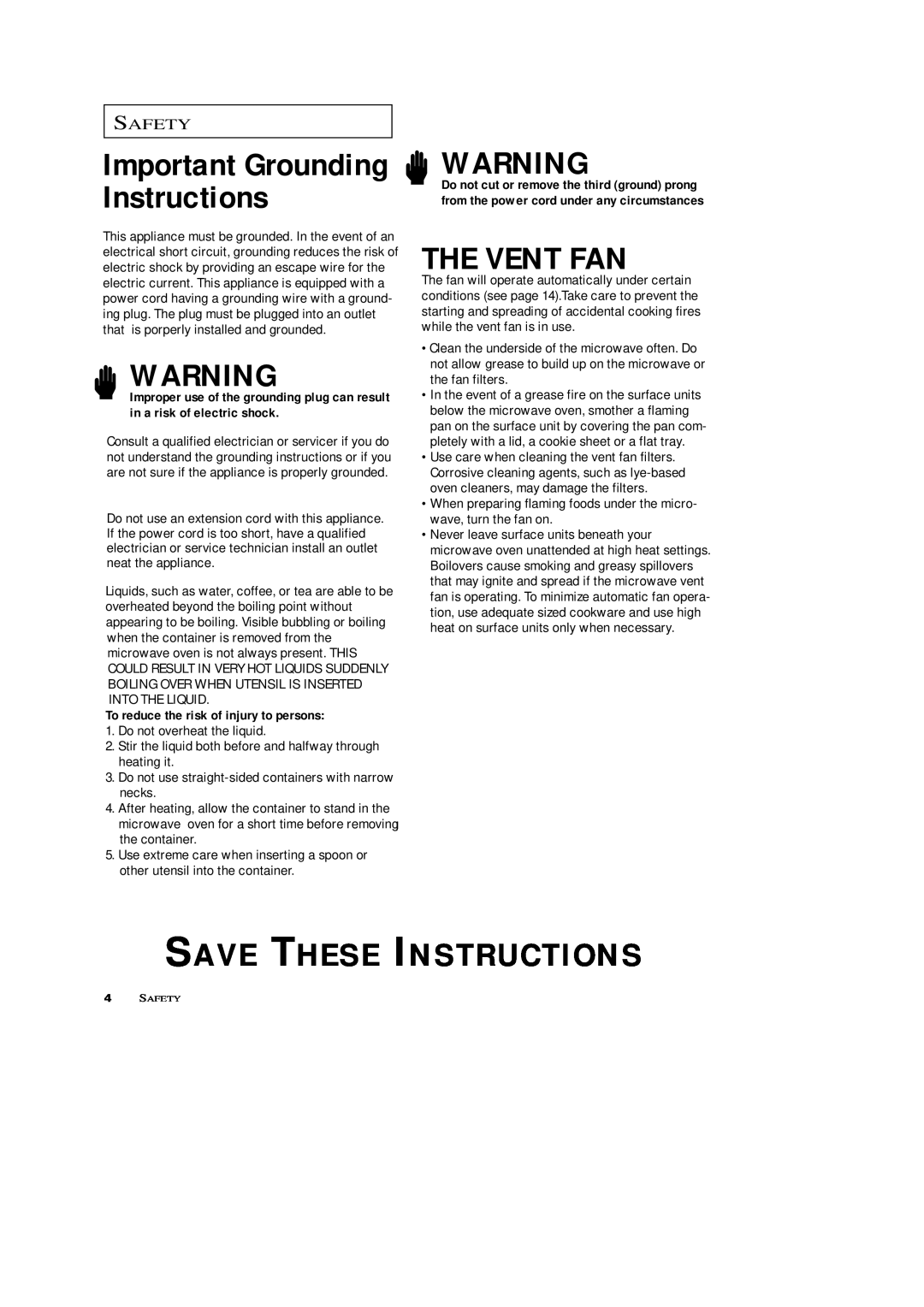 Samsung SRH1230ZG owner manual Save These Instructions, The Vent Fan, Important Grounding Instructions, Safety 