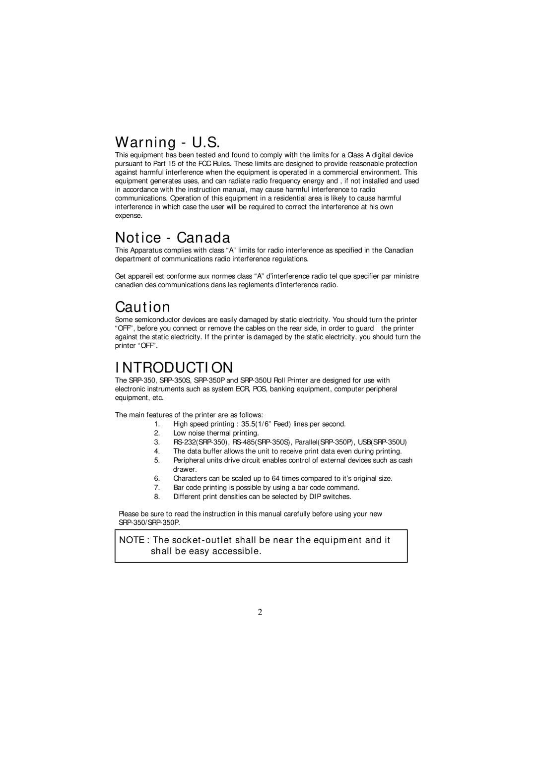 Samsung SRP - 350 specifications Introduction 