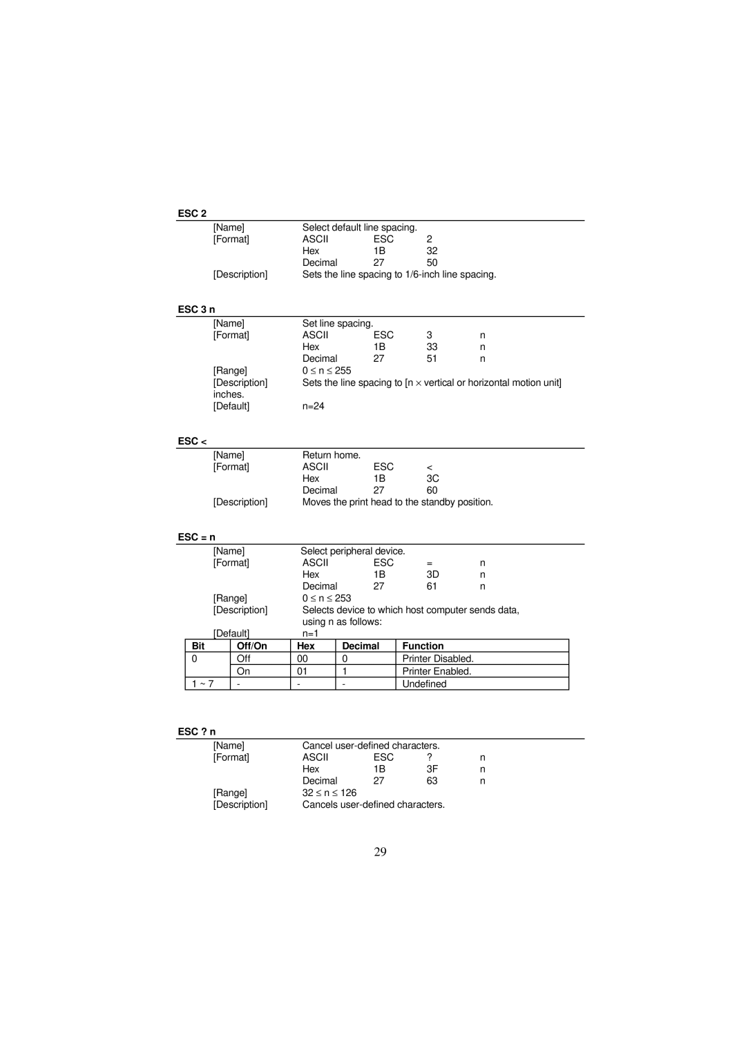 Samsung SRP-250 Series specifications ESC 3 n, ESC = n, ESC ? n 