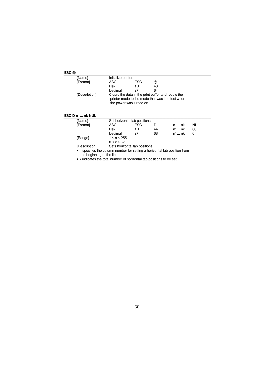 Samsung SRP-250 Series specifications Esc @, ESC D n1... nk NUL 