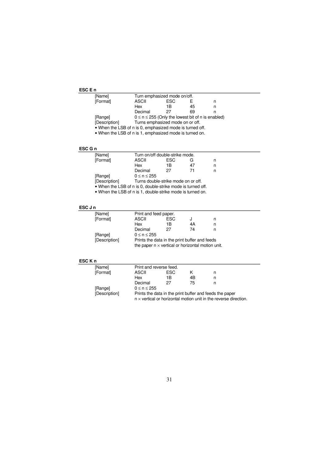 Samsung SRP-250 Series specifications ESC E n, ESC G n, ESC J n, ESC K n 