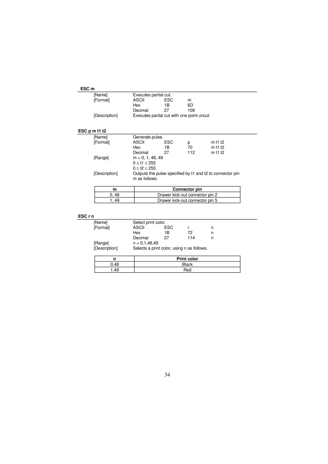 Samsung SRP-250 Series specifications ESC m, ESC p m t1 t2, Print color 