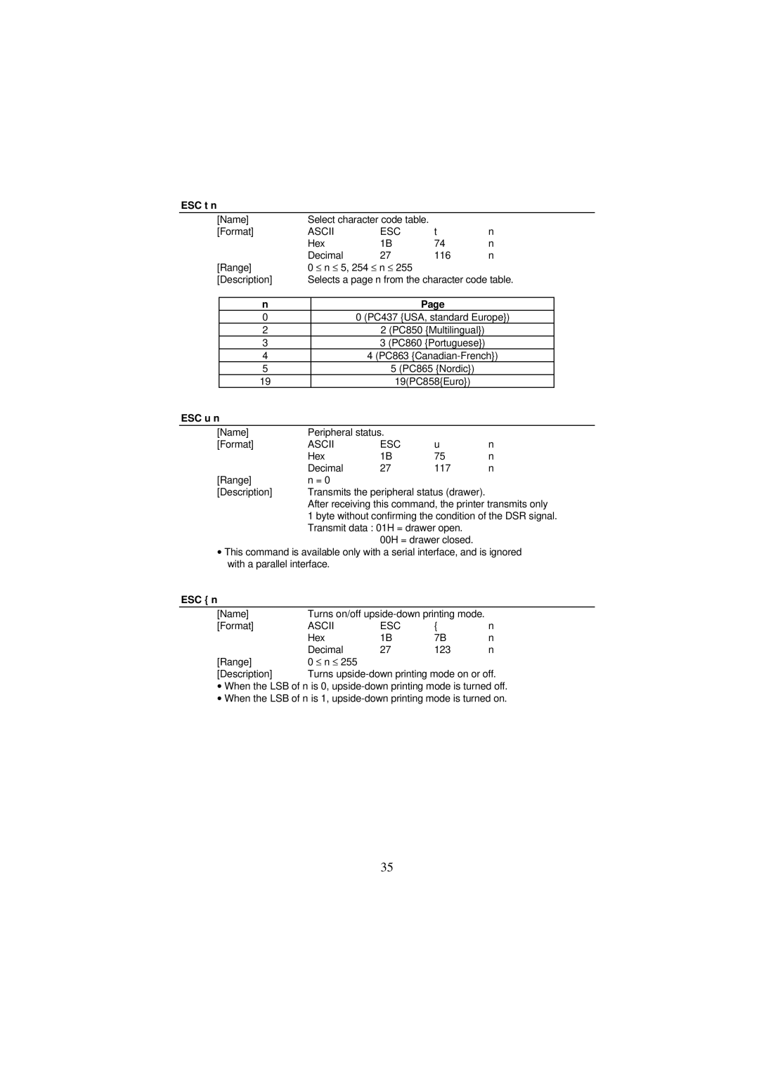 Samsung SRP-250 Series specifications ESC t n, ESC u n 