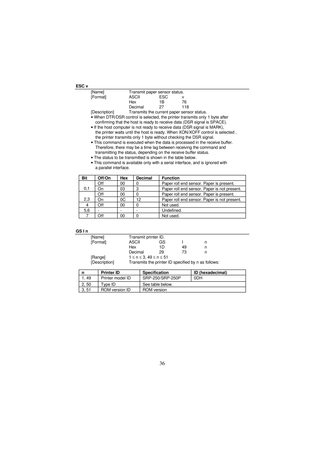 Samsung SRP-250 Series specifications Esc, GS I n, Printer ID Specification ID hexadecimal 